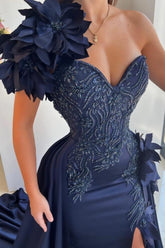 Fabulous Dark Blue Sweetheart One-shoulder Sleeveless Panel Train Satin Split Front Prom Evening Dresses With Handmake Flowers